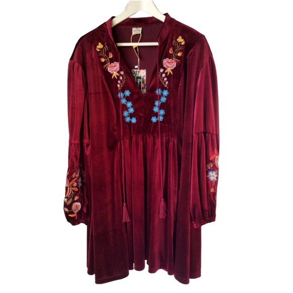 Velvet Floral Embroidered Lantern Sleeve Tunic Dress 3XL *NWT* - Picture 6 of 8